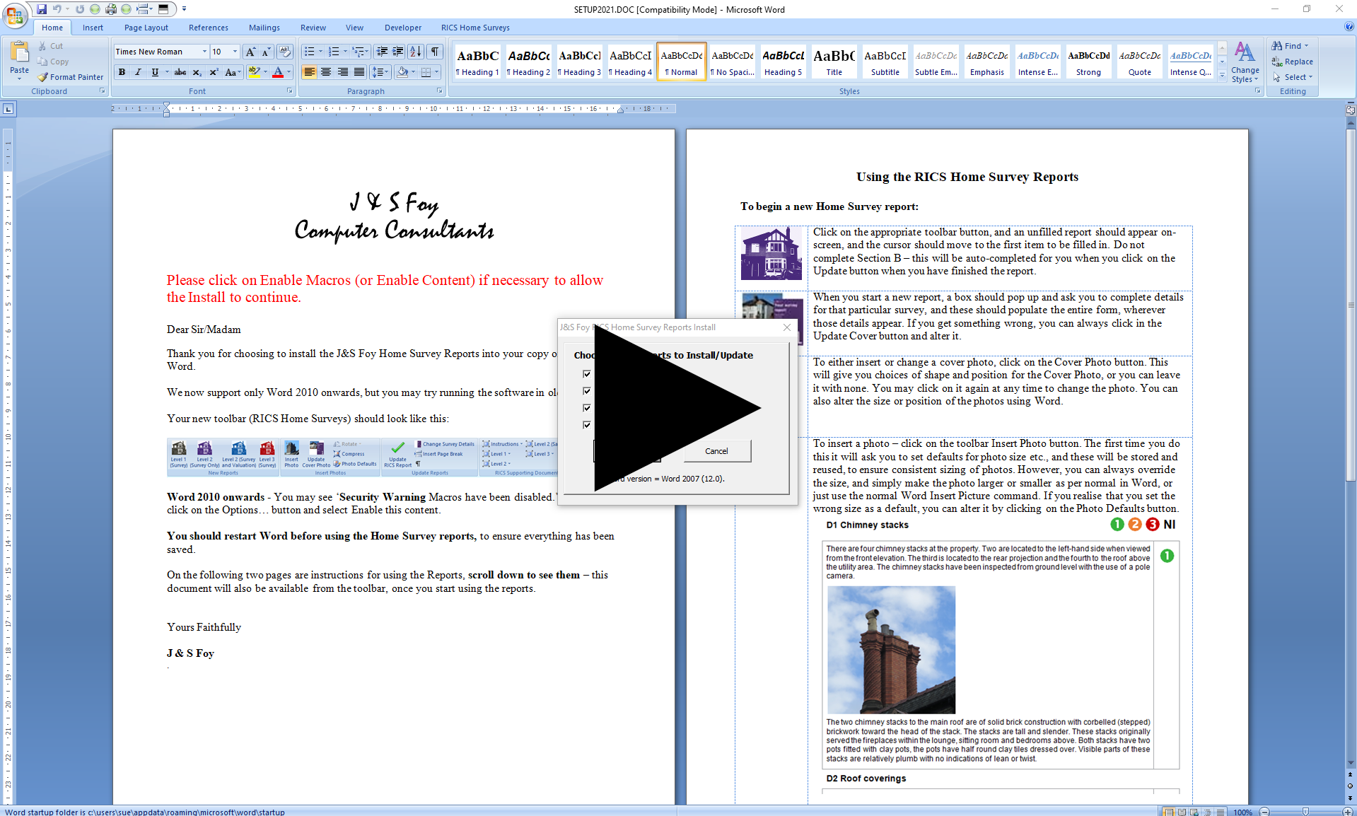 link to the video for installing Home Survey templates on Windows 10
