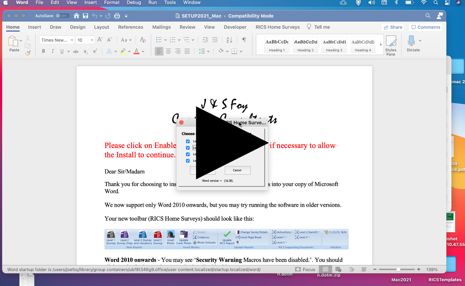 link to the video for installing Home Survey templates on a Mac<